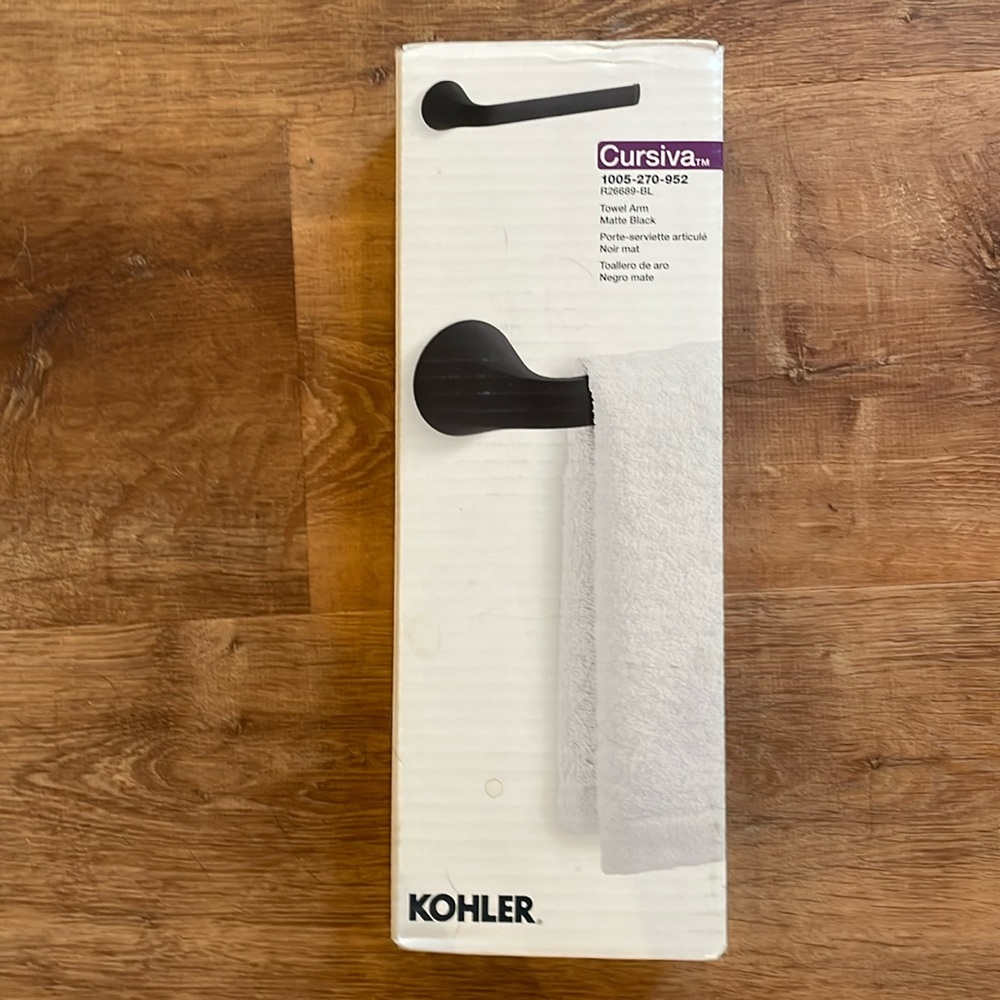 NIB Kohler Cursiva 9” towel arm matte black 3-step easy install, made to last.